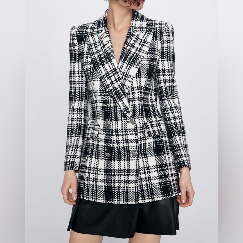 Zara Tweed‎ Check Tailored Double Breasted Blazer Size Small / Mini Dress Coat